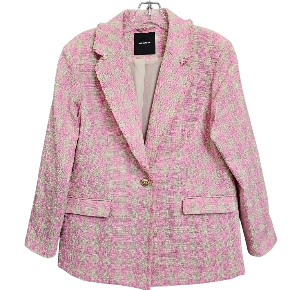 Moda Nwot Bree Kea Pink/Ivory Gingham Tweed Longsleeve Collared Oversized Blazer